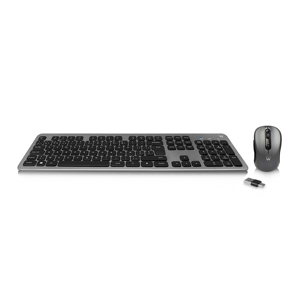 Ewent Wireless Keyboard and Mouse, USB-C/USB-A combi receiver, Low-profile keys, Azerty