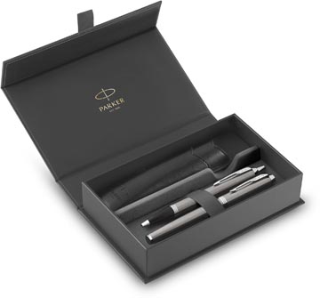 Parker IM stylo plume et stylo à bille, duoset, coffret cadeau et etui, argent