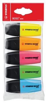 Stabilo boss mini surligneur, étui de 5 pièces en bleu, jaune, vert, orange et rose