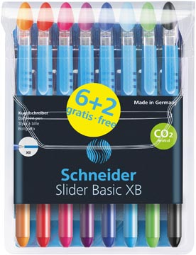 Schneider stylo à bille slider basic xb, etui de 8 pièces (6+2 gratuit) en couleurs assorties