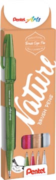 Pentel feutre pinceau sign pen brush touch, étui cartonné avec 4 pièces: vert, bordeaux, beige et gris