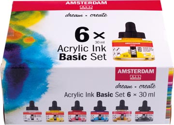 Amsterdam encre acrylique set de base, set de 6 flacons de 30 ml, assorti