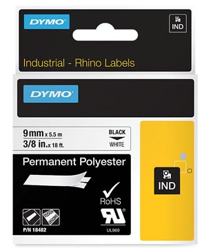 Dymo rhino polyester permanente ruban 9 mm, noir sur blanc