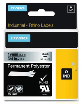 Dymo rhino ruban permanente polyester 19 mm, noir sur metaal