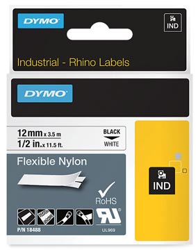 Dymo rhino ruban flexible nylon 12 mm, noir sur blanc