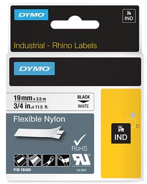 Dymo rhino ruban flexible nylon 19 mm, noir sur blanc