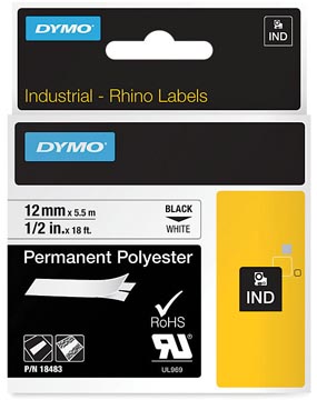 Dymo rhino ruban polyester permanente 12 mm, noir sur blanc