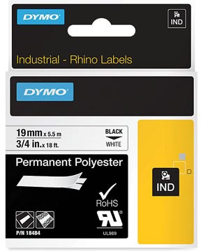 Dymo rhino ruban polyester permanente 19 mm, noir sur blanc