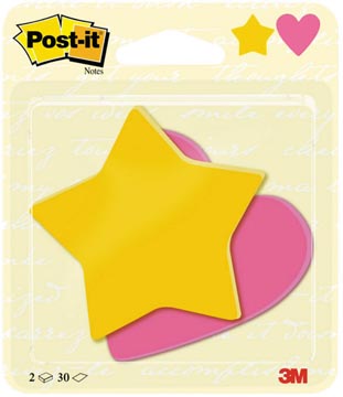 Post-it notes, 2 x 30 feuilles, ft 70 x 72 mm, étoile ultra jaune, coeur power roze