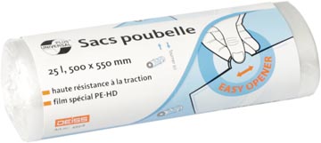 Sac poubelle hdpe, 0,16 microns, ft 50 x 55 cm, 25 l, transparent, rouleau de 50 pièces