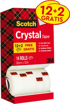 Scotch ruban adhésif crystal ft 19 mm x 33 m, boîte de 14 rouleaux (12 + 2 gratuits)