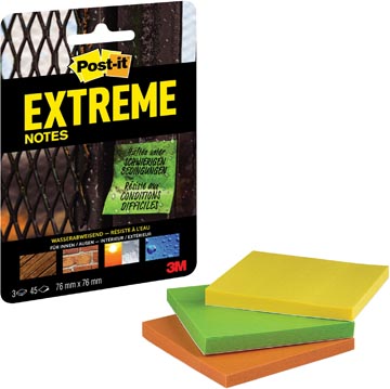 Post-it® extreme notes, ft 76 mm x 76 mm, 3 blocs de 45 feuilles, couleurs assorties