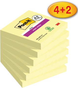 Post-it super sticky notes canary yellow, 90 feuilles, ft 76 x 76 mm, 4 + 2 gratuit