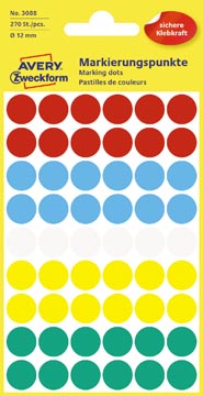 Avery etiquettes ronds, diamètre 12 mm, couleurs assorties, 270 pièces