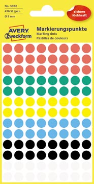 Avery étiquettes ronds diamètre 8 mm, couleurs assorties, 416 pièces