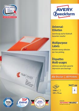 Avery zweckform 3427, étiquettes universelles, ultragrip, blanc, 200 feuilles, 105 x 74 mm