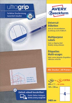 Avery zweckform 3483-2, étiquettes universelles, ultragrip, blanc, 200 feuilles, ft 105 x 148 mm