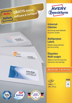 Avery zweckform 3484, étiquettes universelles, ultragrip, blanc, 100 feuilles, 105 x 37 mm