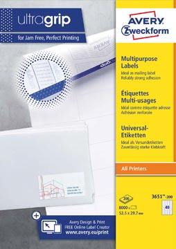 Avery zweckform 3651-2, étiquettes universelles, ultragrip, blanc, 200 feuilles, 52,5 x 29,7 mm