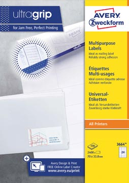 Avery zweckform 3664, étiquettes universelles, ultragrip, blanc, 100 feuilles, 70 x 33,8 mm