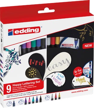 Edding happy lettering brushpen, assorti, set de 9 pièces