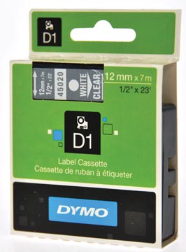 Dymo d1 ruban 12 mm, blanc sur transparent