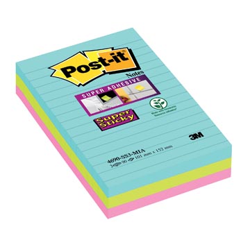 Post-it super sticky notes xxl cosmic, 90 feuilles, ft 101 x 152 mm, ligné, couleurs assorties, paquet de