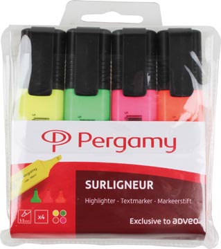 Pergamy surligneur, étui de 4 pièces: orange, vert, rose et jaune