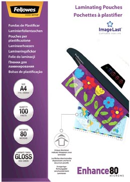 Fellowes pochette à plastifier enhance80, ft a4, 160 microns (2 x 80 microns), paquet de 100 pièces