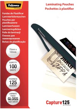 Fellowes pochette à plastifier capture125 ft 75 x 105 mm, 250 microns (2 x 125 microns), paquet de 100