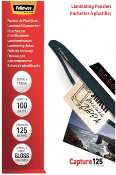 Fellowes pochette à plastifier capture125 ft 83 x 113 mm, 250 microns (2 x 125 microns), paquet de 100