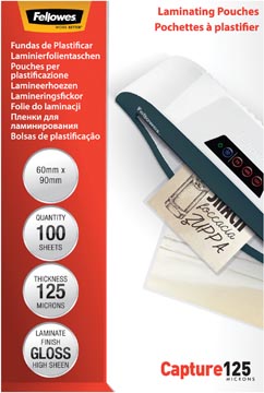 Fellowes pochette à plastifier capture125 ft 60 x 90 mm, 250 microns (2 x 125 microns), paquet de 100