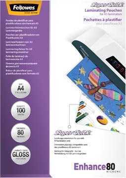 Fellowes super quick pochette à plastifier enhance80, ft a4, 160 microns (2 x 80 microns), paquet de 100