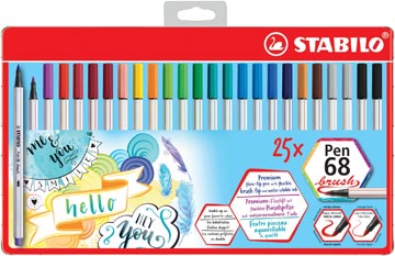 Stabilo pen 68 brush, boîte métallique de 25 pièces en couleurs assorties