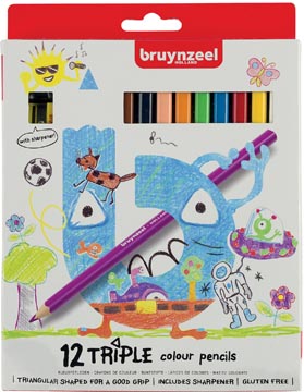 Bruynzeel kids crayons de couleur triple, blister de 12 couleurs assorties