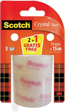 Scotch ruban crystal transparent, lot promotionnel, 2 rouleaux + 1 gratuit, 19 mm x 15 m