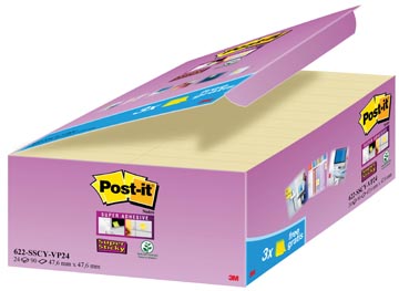Post-it super sticky notes, 90 feuilles, ft 47,6 x 47,6 mm, jaune, paquet de 21 + 3 gratuit