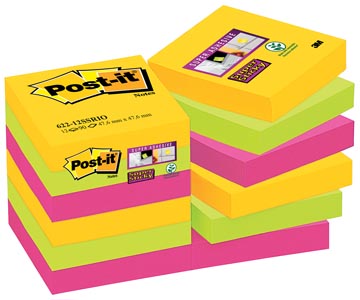 Post-it super sticky notes carinval, 90 feuilles, ft 47,6 x 47,6 mm, paquet de 12 blocs