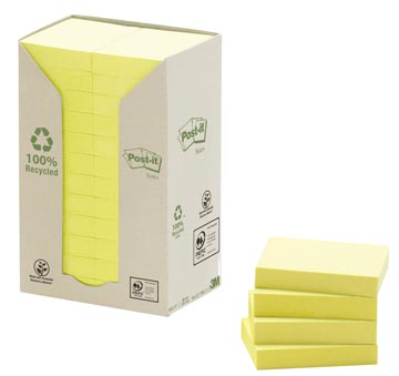 Post-it recycled notes, 100 feuilles, ft 38 x 51 mm, jaune, paquet de 24 blocs