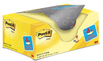 Post-it notes, ft 38 x 51 mm, jaune, bloc de 100 feuilles, paquet de 16 + 4 gratuit