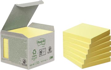Post-it recycled notes, 100 feuilles, ft 76 x 76 mm, jaune, paquet de 6 blocs