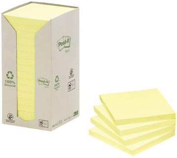 Post-it recycled notes, 100 feuilles, ft 76 x 76 mm, jaune, paquet de 16 blocs