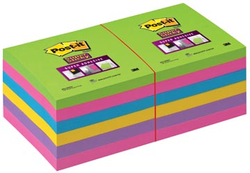 Post-it super sticky notes, 90 feuilles, ft 76 x 76 mm, couleurs assorties, paquet de 12 blocs