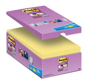 Post-it super sticky notes, 90 feuilles, ft 76 x 127 mm, jaune, paquet de 14 blocs + 2 gratuit