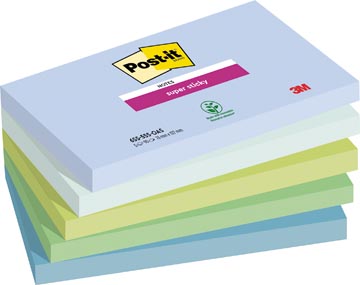Post-it super sticky notes oasis, 90 feuilles, ft 76 x 127 mm, couleurs assorties, paquet de 5 blocs