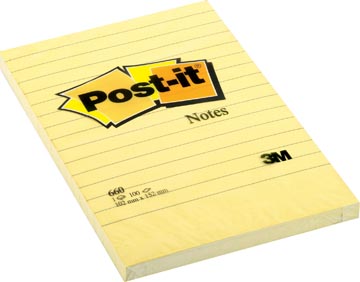 Post-it notes, ft 102 x 152 mm, jaune, ligné, bloc de 100 feuilles