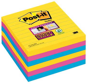 Post-it super sticky notes xl carnival, 90 feuilles, ft 101 x 101 mm, ligné, couleurs assorties, 6 x