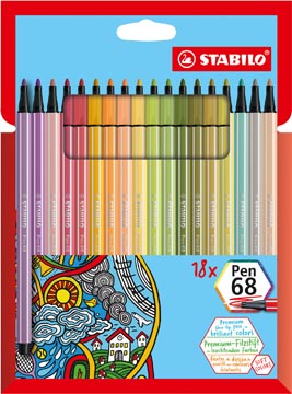 Stabilo pen 68 feutre, étui en carton de 18 pièces en couleurs douces assorties