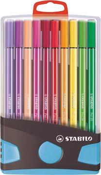 Stabilo pen 68 brush, colorparade, boîte bleu-gris, 20 pièces en couleurs assorties