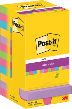 Post-it super sticky notes, 90 feuilles, ft 76 x 76 mm, assorti, paquet de 12 blocs